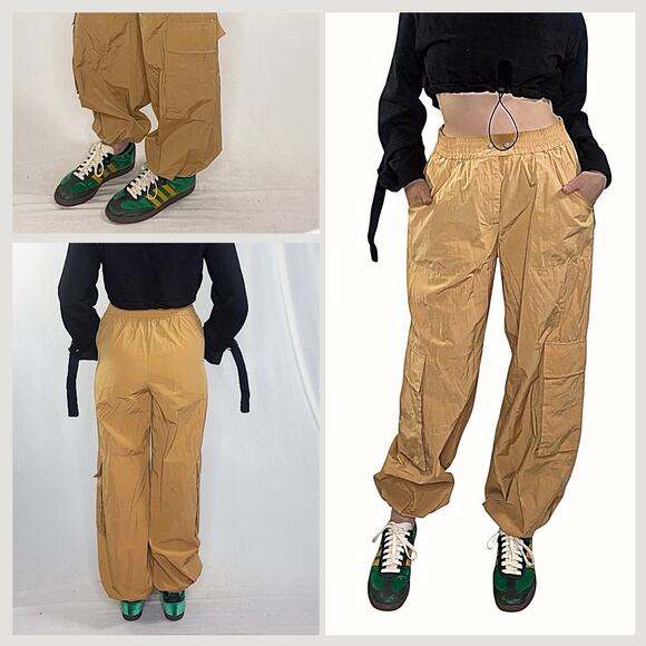 Pilcor Anthropologie Beige Tan Cinch Leg Baggy Parachute Pants Joggers Sz M - Picture 2 of 7